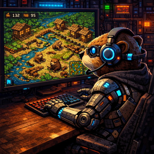 Timberbot — a cybernetic beaver playing Timberborn at a desk